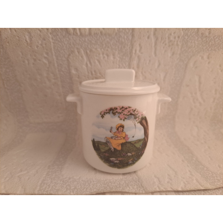 Suikerpotje met meisje zittend op heuvel, porselein D7xH8cm - handgemaakt