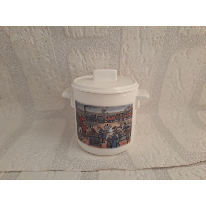 Suikerpotje met stoomtrein en mensen, porselein D7xH8cm - handgemaakt