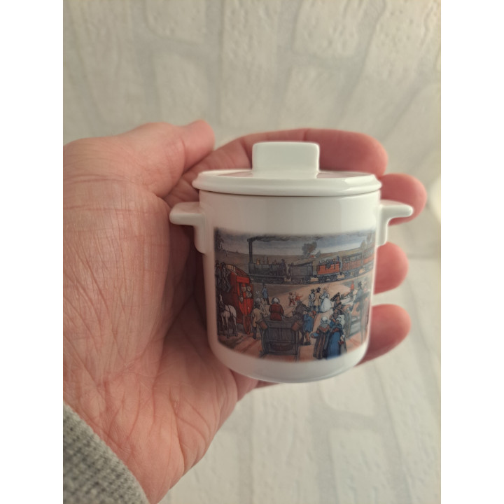 Suikerpotje met stoomtrein en mensen, porselein D7xH8cm - handgemaakt
