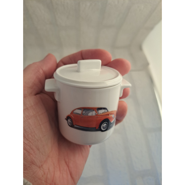 Suikerpotje met oranje Volkswagen kever, porselein D7xH8cm - handgemaakt