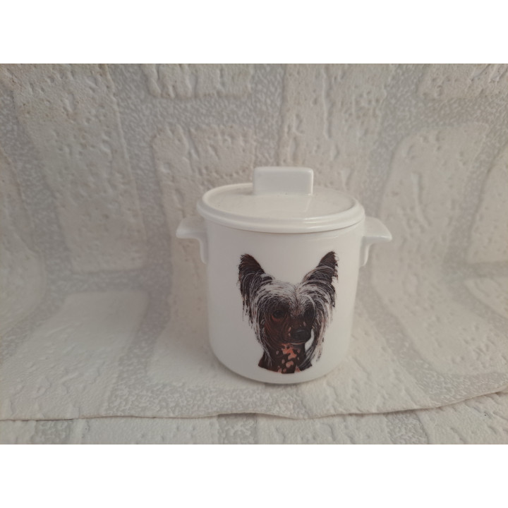 Suikerpotje van porselein met Chinese Crested hond B7xH8cm - handgemaakt