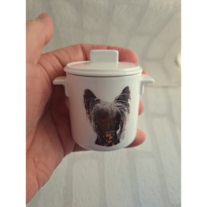 Suikerpotje van porselein met Chinese Crested hond B7xH8cm - handgemaakt