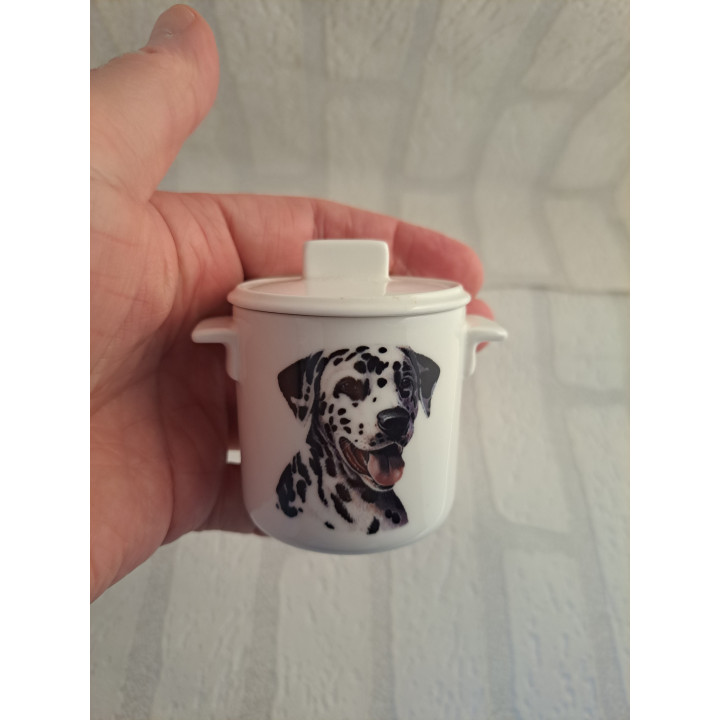 Suikerpotje van porselein met een Dalmatiër hond B7xH8cm - handgemaakt
