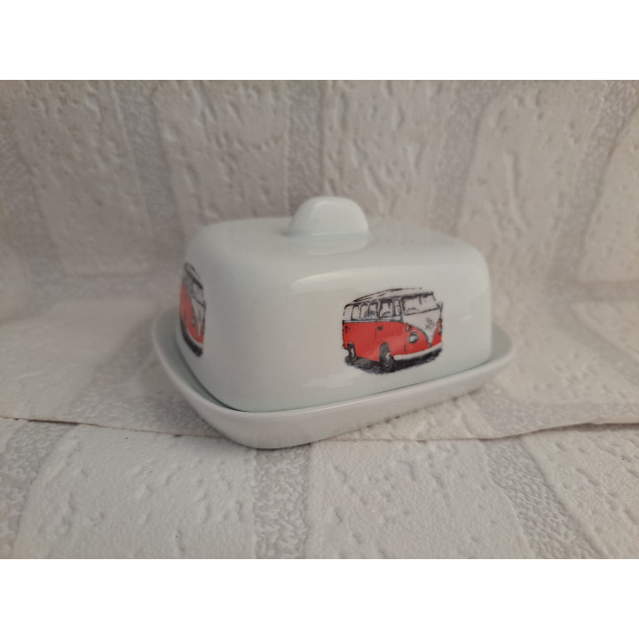 Botervloot met rode Volkswagen bus, porselein 8.5x10.5x5cm - handgemaakt
