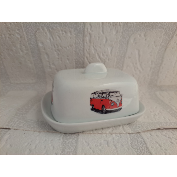 Botervloot met rode Volkswagen bus, porselein 8.5x10.5x5cm - handgemaakt