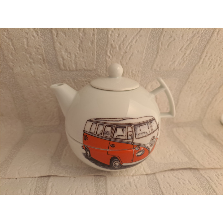 Theepot met kom met Volkswagen bus, porselein D10xH12cm - handgemaakt