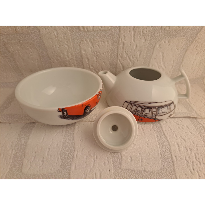 Theepot met kom met Volkswagen bus, porselein D10xH12cm - handgemaakt