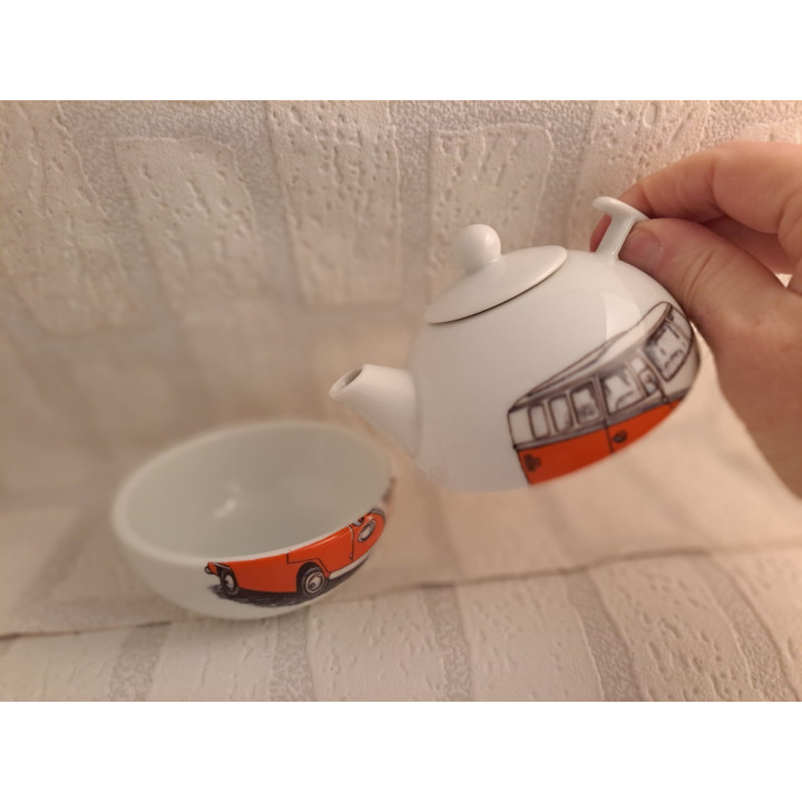 Theepot met kom met Volkswagen bus, porselein D10xH12cm - handgemaakt