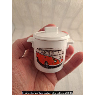 Suikerpotje van porselein met Volkswagen combi bus tekening