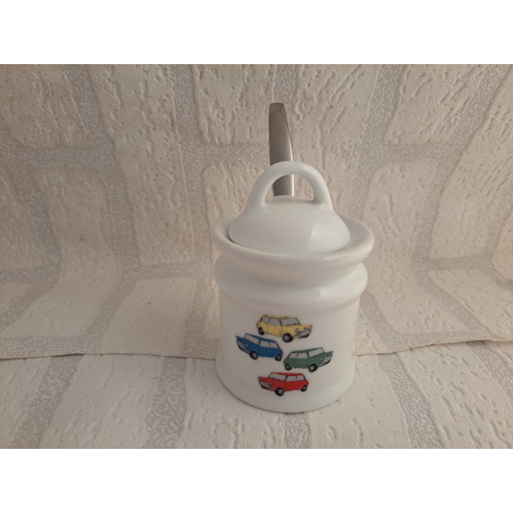 Suikerpot met lepel Mini Cooper 1956, porselein D7xH10cm - handgemaakt