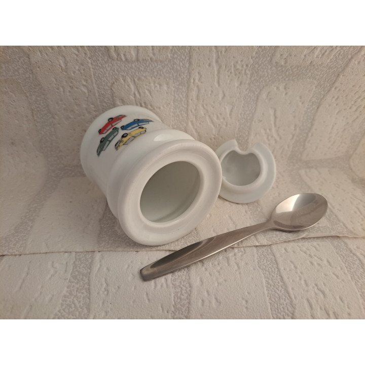 Suikerpot met lepel Mini Cooper 1956, porselein D7xH10cm - handgemaakt