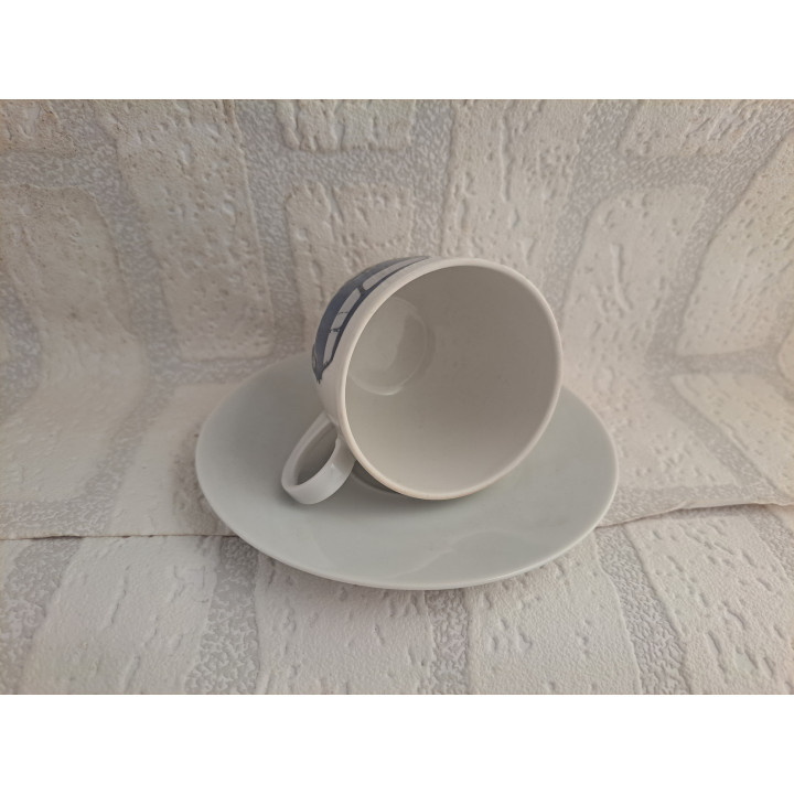 Kop en schotel van porselein met blauwe Mini Cooper tekening - handgemaakt