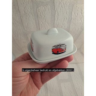 Botervloot met rode Volkswagen bus, porselein 8.5x10.5x5cm