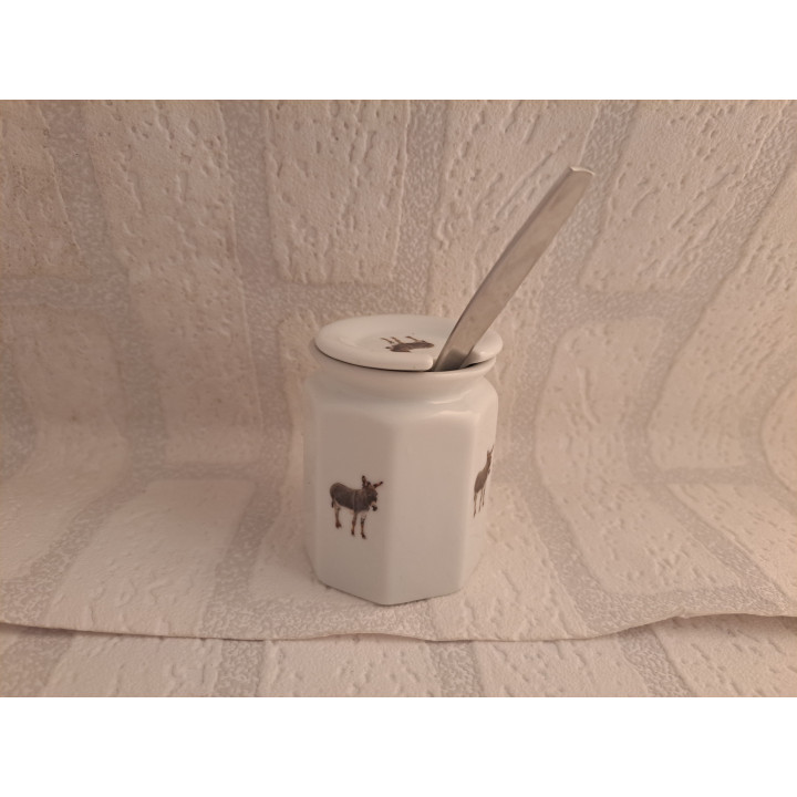 Suikerpot van porselein met metaal lepel met ezels  - handgemaakt