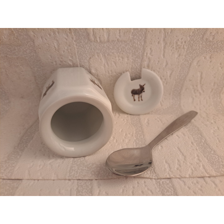 Suikerpot van porselein met metaal lepel met ezels  - handgemaakt