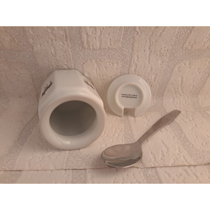 Suikerpot van porselein met metaal lepel met ezels  - handgemaakt