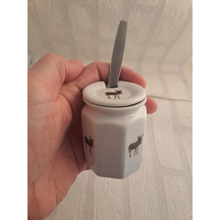 Suikerpot van porselein met metaal lepel met ezels  - handgemaakt