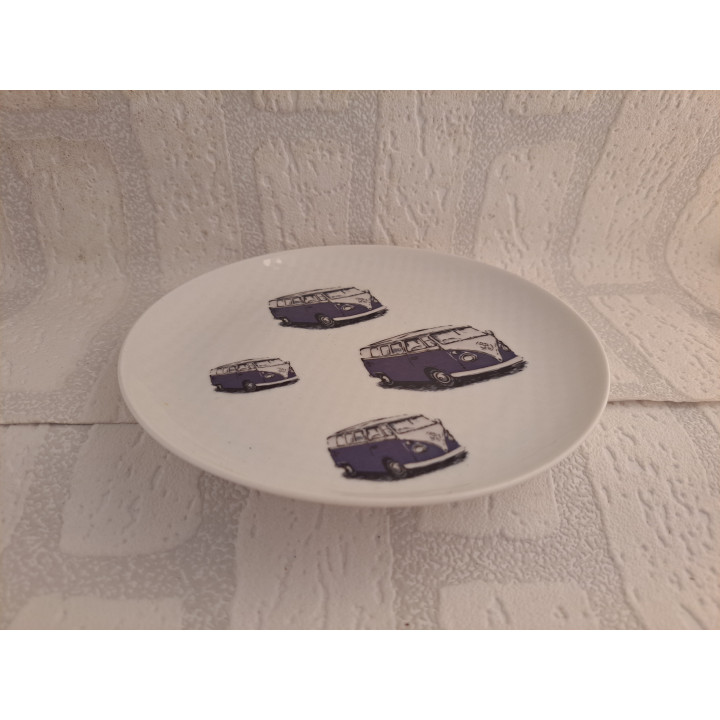 Ontbijtbord met donkerblauw Volkswagen bus, porselein D17cm - handgemaakt