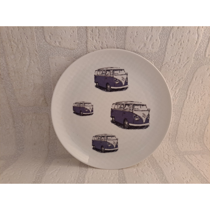 Ontbijtbord met donkerblauw Volkswagen bus, porselein D17cm - handgemaakt