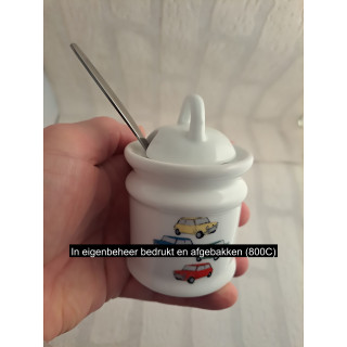 Suikerpot met lepel Mini Cooper 1956, porselein D7xH10cm