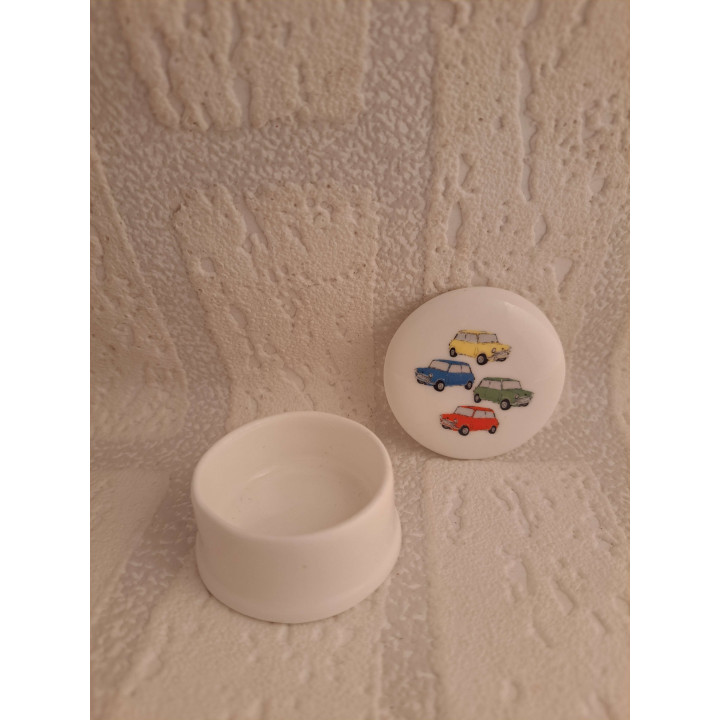 Porcelain Pill Box Four Mini Coopers Hand-Printed Art