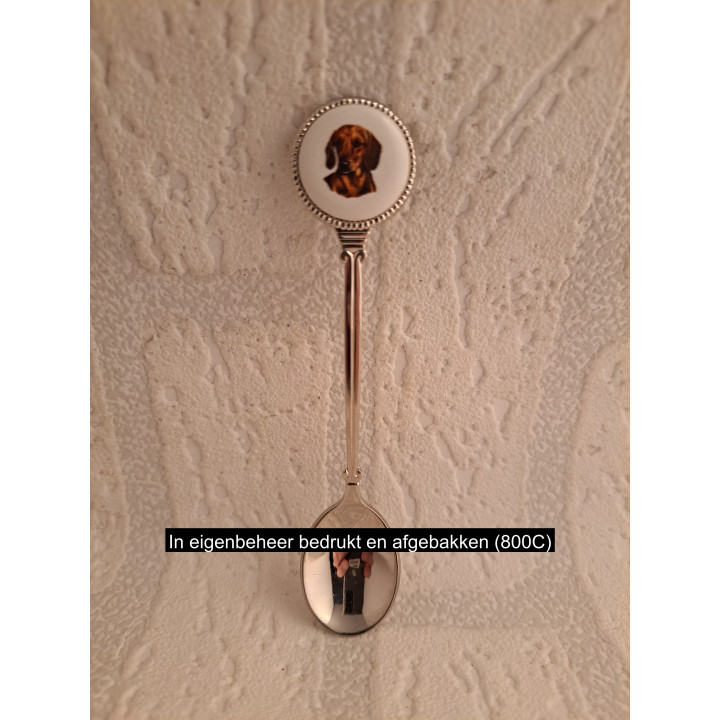 Metaal thee-koffie lepeltje kortharige Teckel hond op het porselein rondje