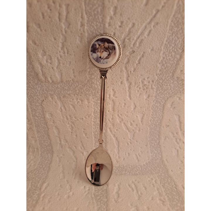 Metaal thee-koffie lepeltje langharige Teckel hond op het porselein rondje - Verzamelobject