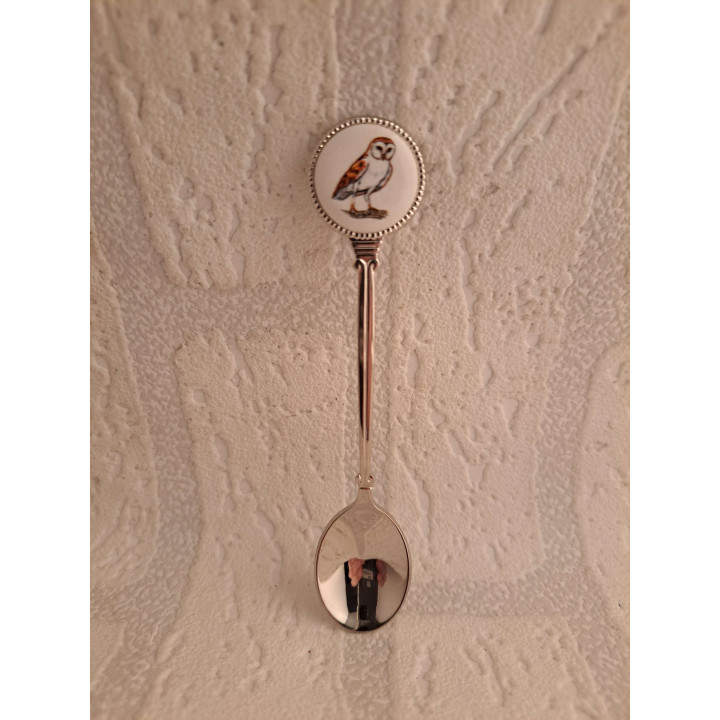 Metaal thee-koffie lepeltje Uil vogel op porselein rondje - Verzamelobject
