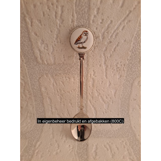 Metaal thee-koffie lepeltje Uil vogel op porselein rondje