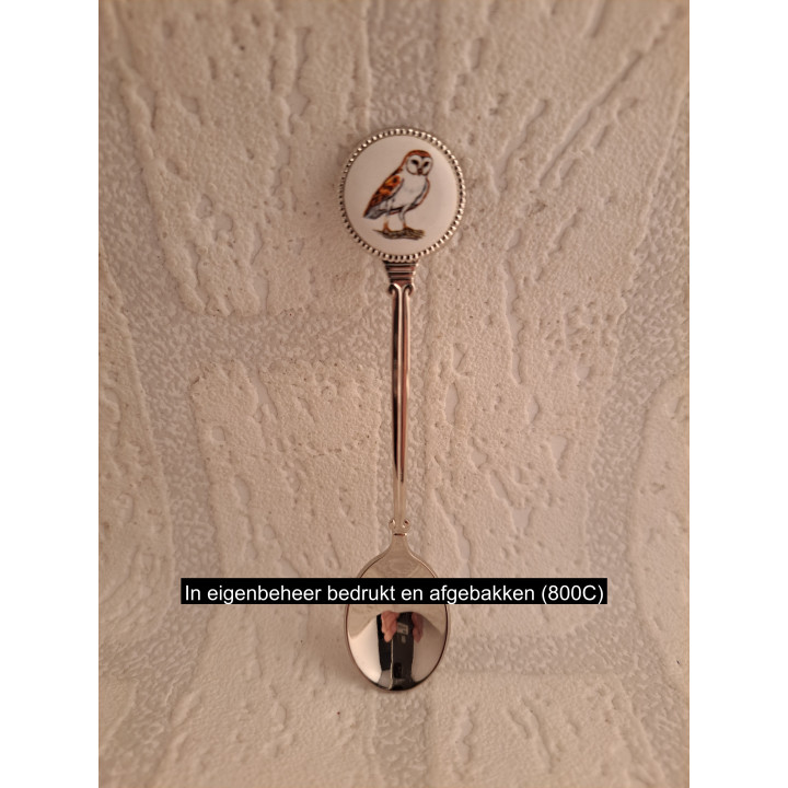 Metaal thee-koffie lepeltje Uil vogel op porselein rondje