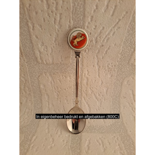 Metaal theelepeltje sterrenbeeld leeuw in kleur op porselein rondje