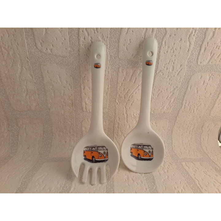 Lepels van porselein voor salade met Volkswagen combi bus tekening - handgemaakt