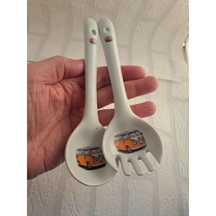 Lepels van porselein voor salade met Volkswagen combi bus tekening - handgemaakt