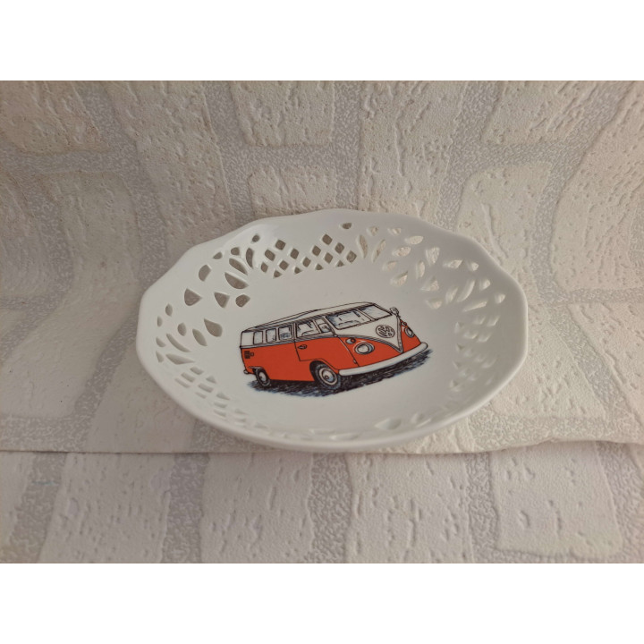 Schaaltje van porselein met Volkswagen type 1 combi bus tekening - handgemaakt