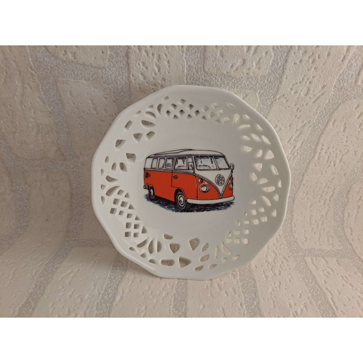 Schaaltje van porselein met Volkswagen type 1 combi bus tekening - handgemaakt