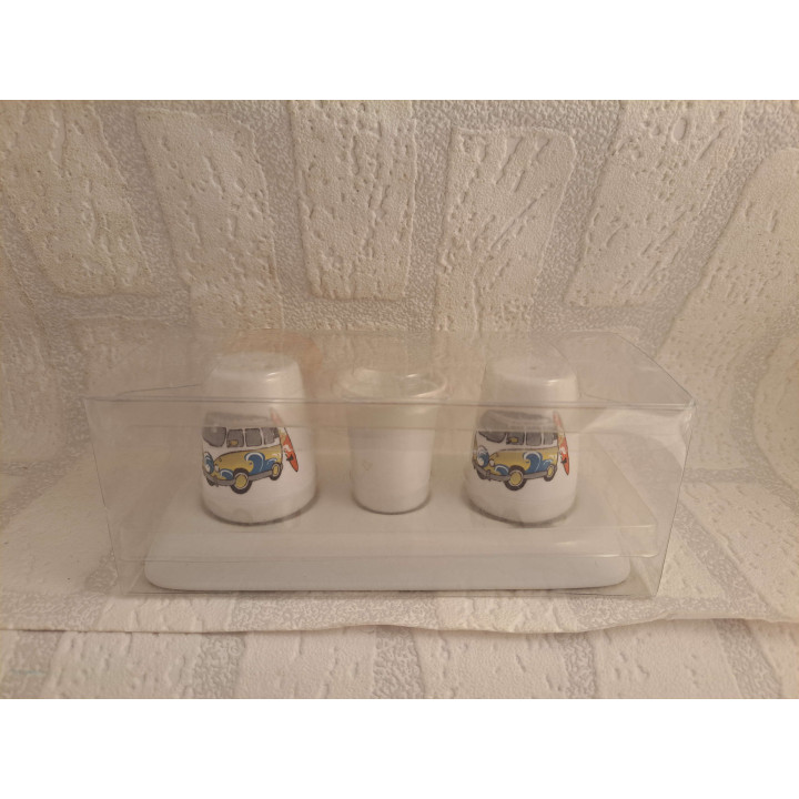 Peper en zoutstel met Volkswagen bus, porselein 17x7.5x7cm - handgemaakt