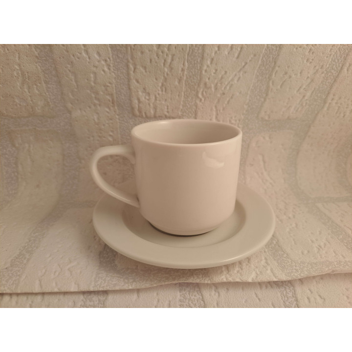 Kop en schotel met oranje Volkswagen bus, porselein D7xH7cm - handgemaakt