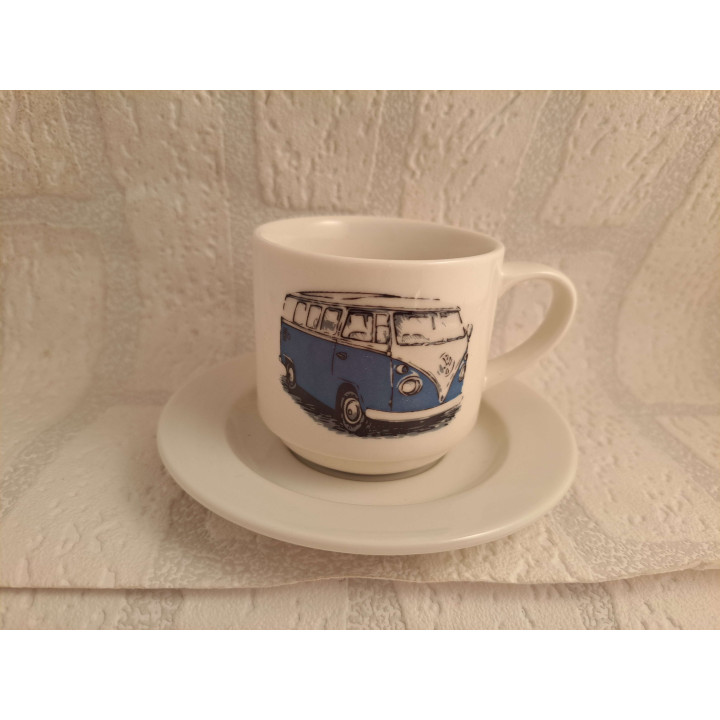 Kop en schotel met blauwe Volkswagen bus, porselein D7xH7cm - handgemaakt