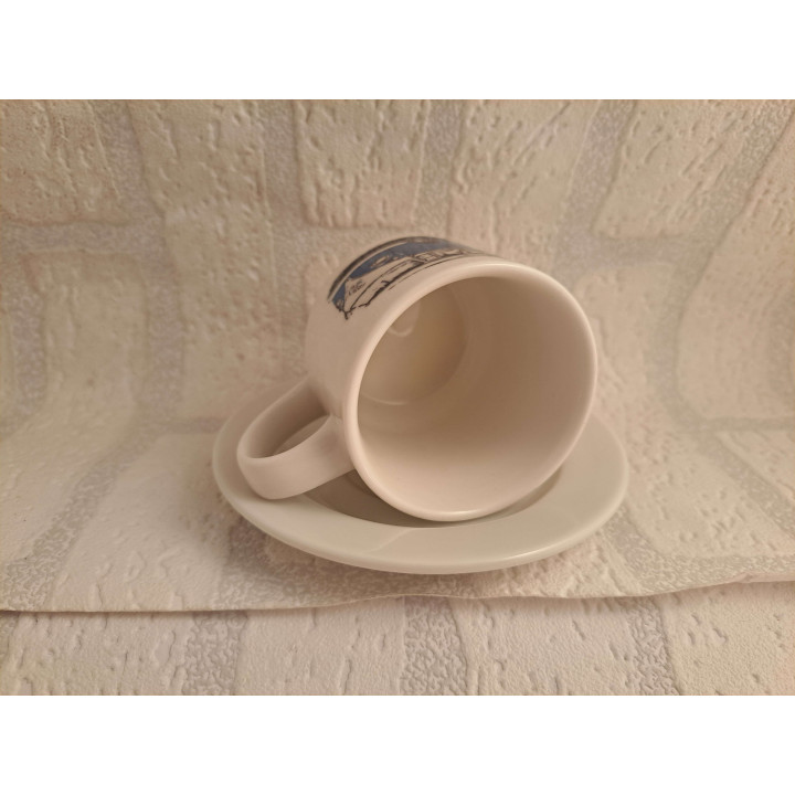 Kop en schotel met blauwe Volkswagen bus, porselein D7xH7cm - handgemaakt