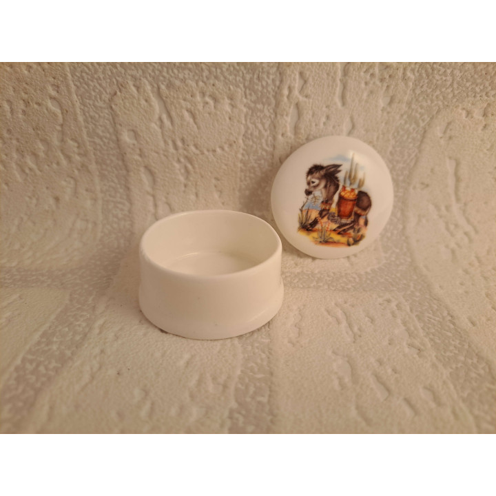 Pillendoosje van porselein met ezel tekening D4.5xH2.5cm - handgemaakt