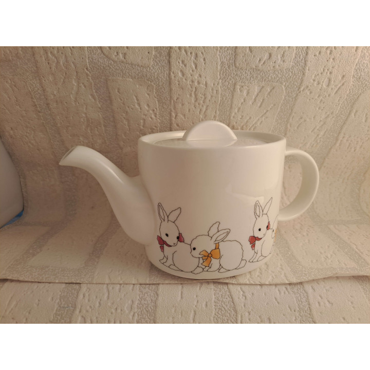 Theepot koffiepot van Arcoroc met konijnen tekening - handgemaakt