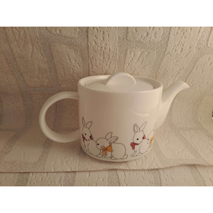 Theepot koffiepot van Arcoroc met konijnen tekening - handgemaakt