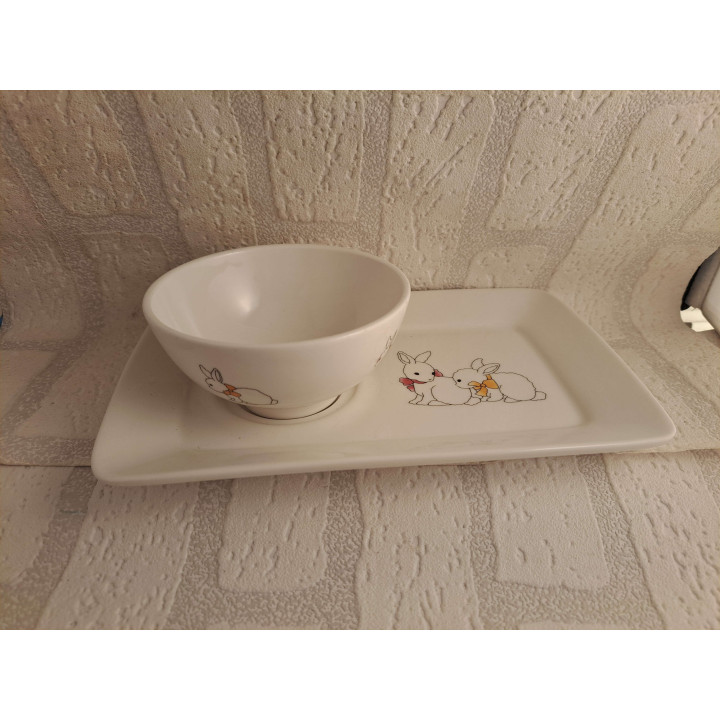 Schaaltje op plateau met konijnen tekening - handgemaakt
