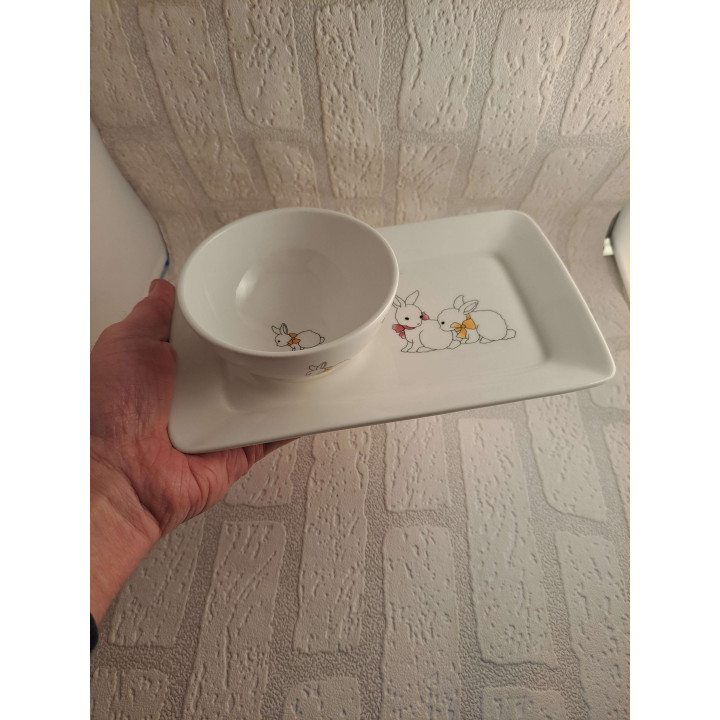 Porcelain Dish on Platter Rabbits Drawing Hand-Printed