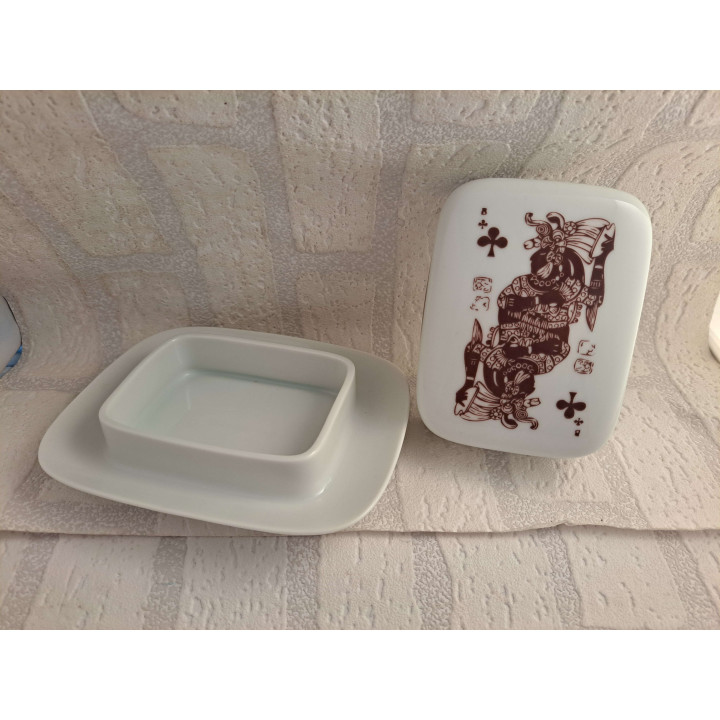 Botervloot van porselein met speelkaart Joker aas tekening - handgemaakt