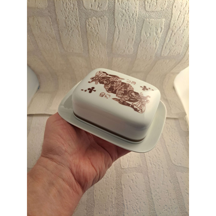 Botervloot van porselein met speelkaart Joker aas tekening - handgemaakt