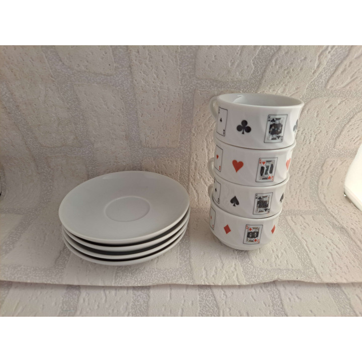 Kop en schotel set met speelkaarten, porselein D11.5x4.5cm - handgemaakt