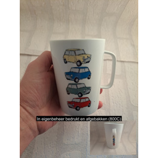 Porselein mok beker met vier kleuren Mini Cooper tekening