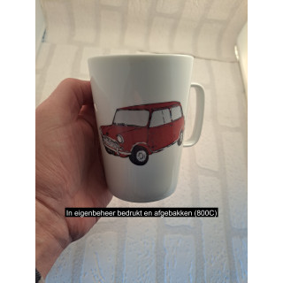 Porseleinen Mok met Magenta Mini Cooper Tekening - Handbedrukt