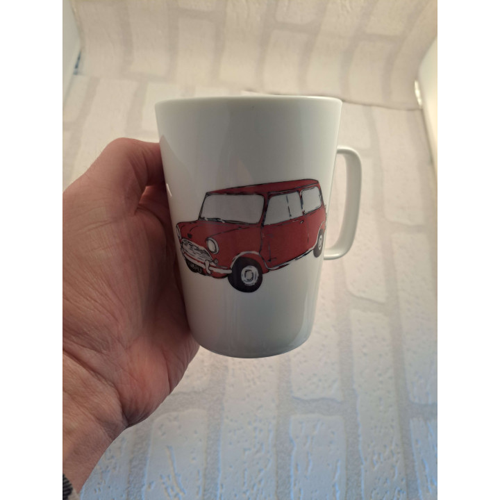 Porselein mok beker met magenta kleur Mini Cooper tekening - handgemaakt